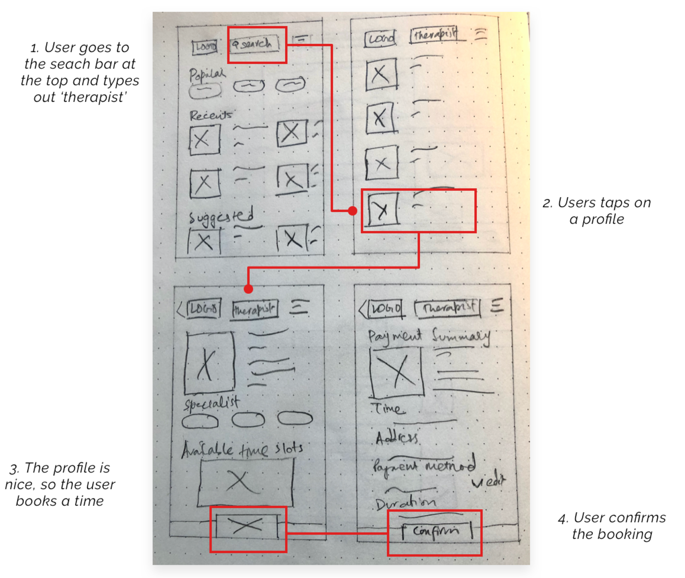Low fidelity wireframe for booking