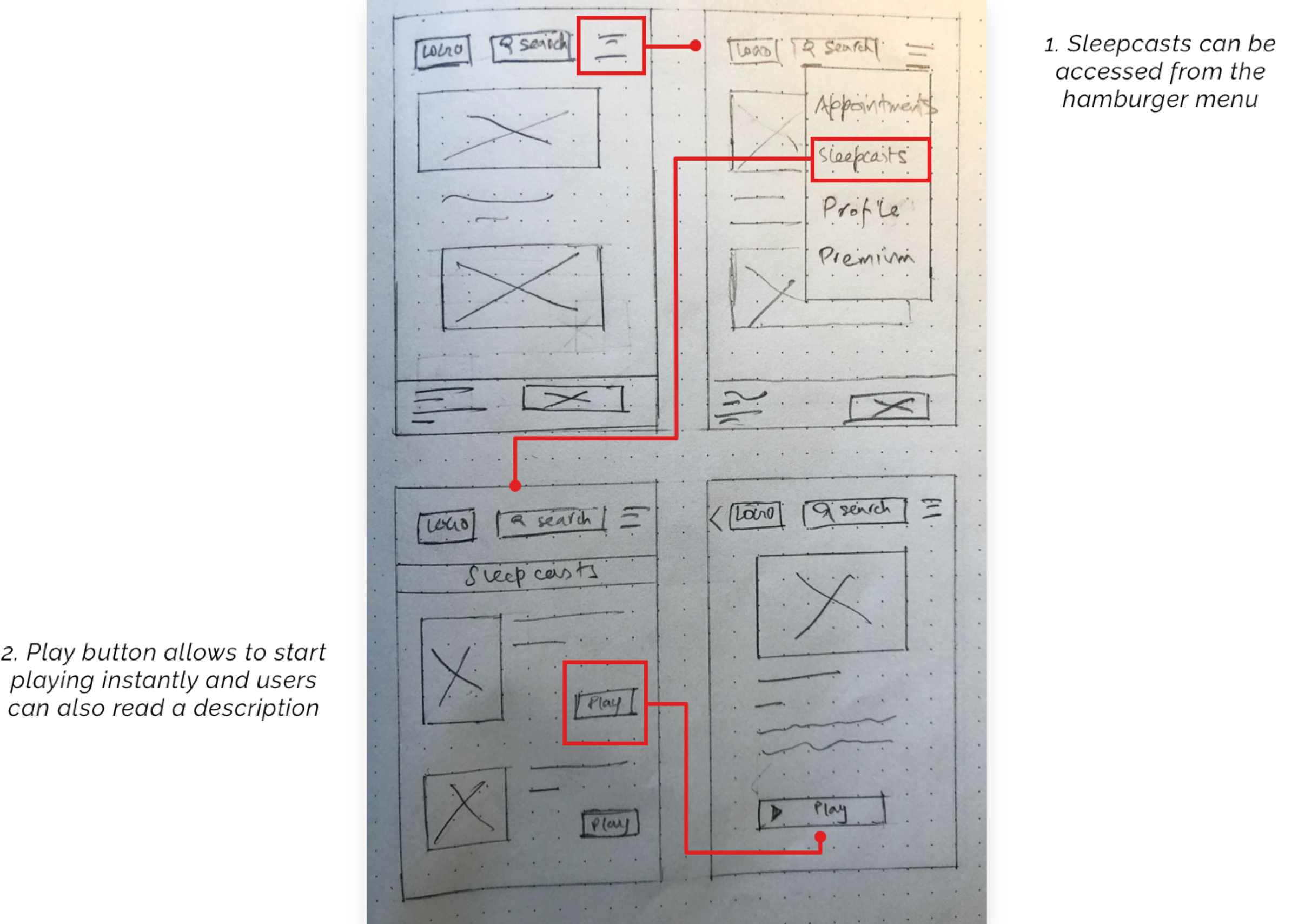 Low fidelity wireframe for sleepcasts
